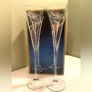 Pair Of Tall Champagne Flutes ~ European Handmade Crystal With Etching ~ 7oz